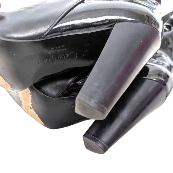Cole Haan Leather Knee High Boots Heeled Patent Leather Womens 7.5 Black Block - Picture 11 of 14